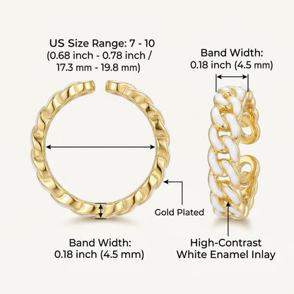 14K Gold Plated White Enamel Cuban Link Open Ring for Women | Modern fashion statement jewelry, versatile adjustable shank, high polished finish, premium gift box included