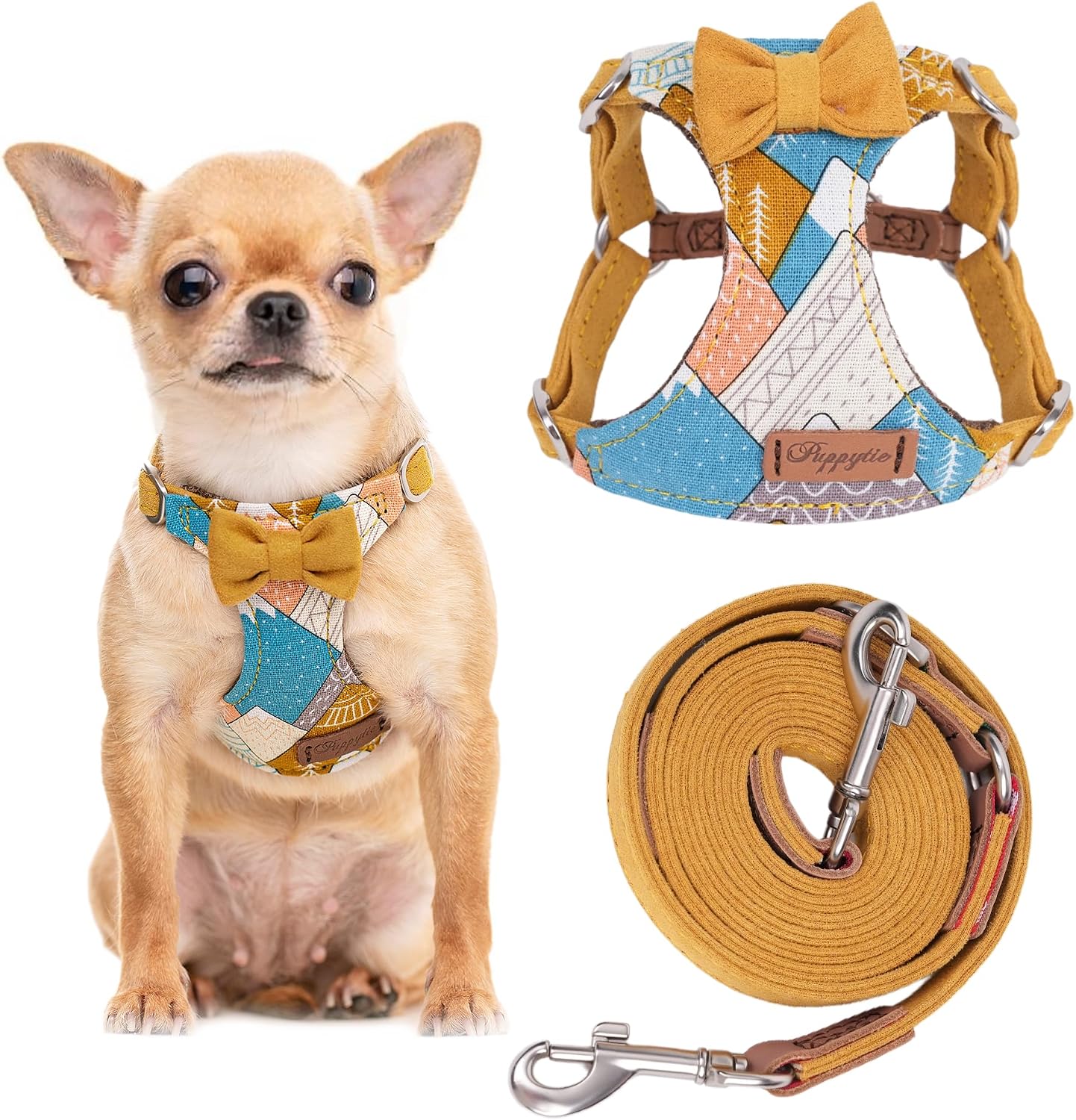 Dog Harness and Leash Set, Suede Bow Yellow, M (16.5-31 lbs) | Harness Small Size Dog, Soft and Lightweight, Multifunction Dog Leash, Dog Harness Medium Sized Dog