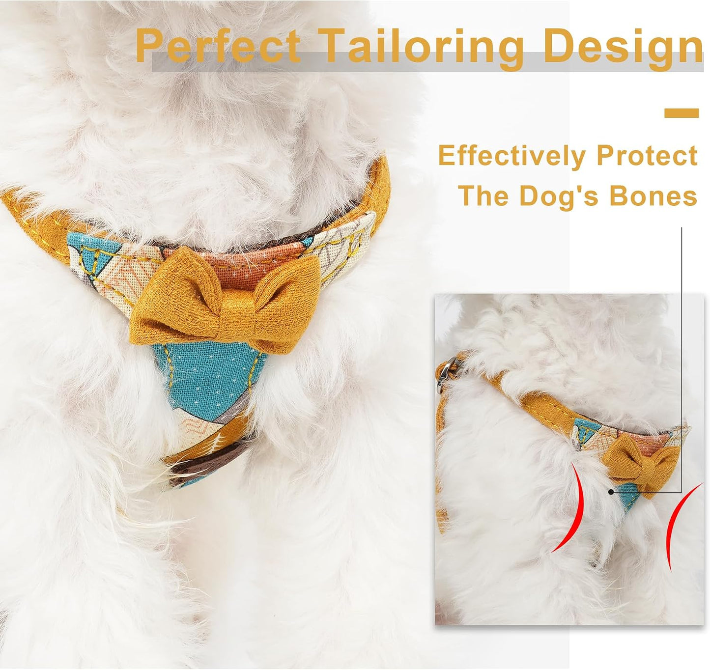 Dog Harness and Leash Set, Suede Bow Yellow, M (16.5-31 lbs) | Harness Small Size Dog, Soft and Lightweight, Multifunction Dog Leash, Dog Harness Medium Sized Dog
