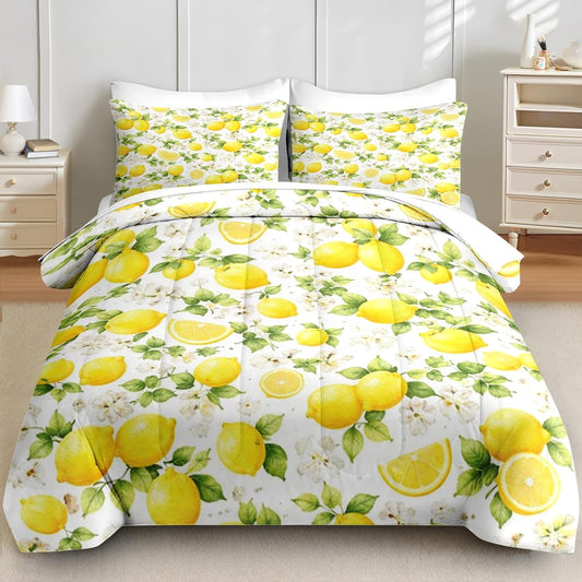 7 Pcs Comforter Set Queen Size, Lemon Floral Yellow Bedding for Kids and Adults, Summer Botanical Bed Sheet Sets with Fitted Sheet 2 Pillowcases & 2 Shams for Bedroom Bed Decor