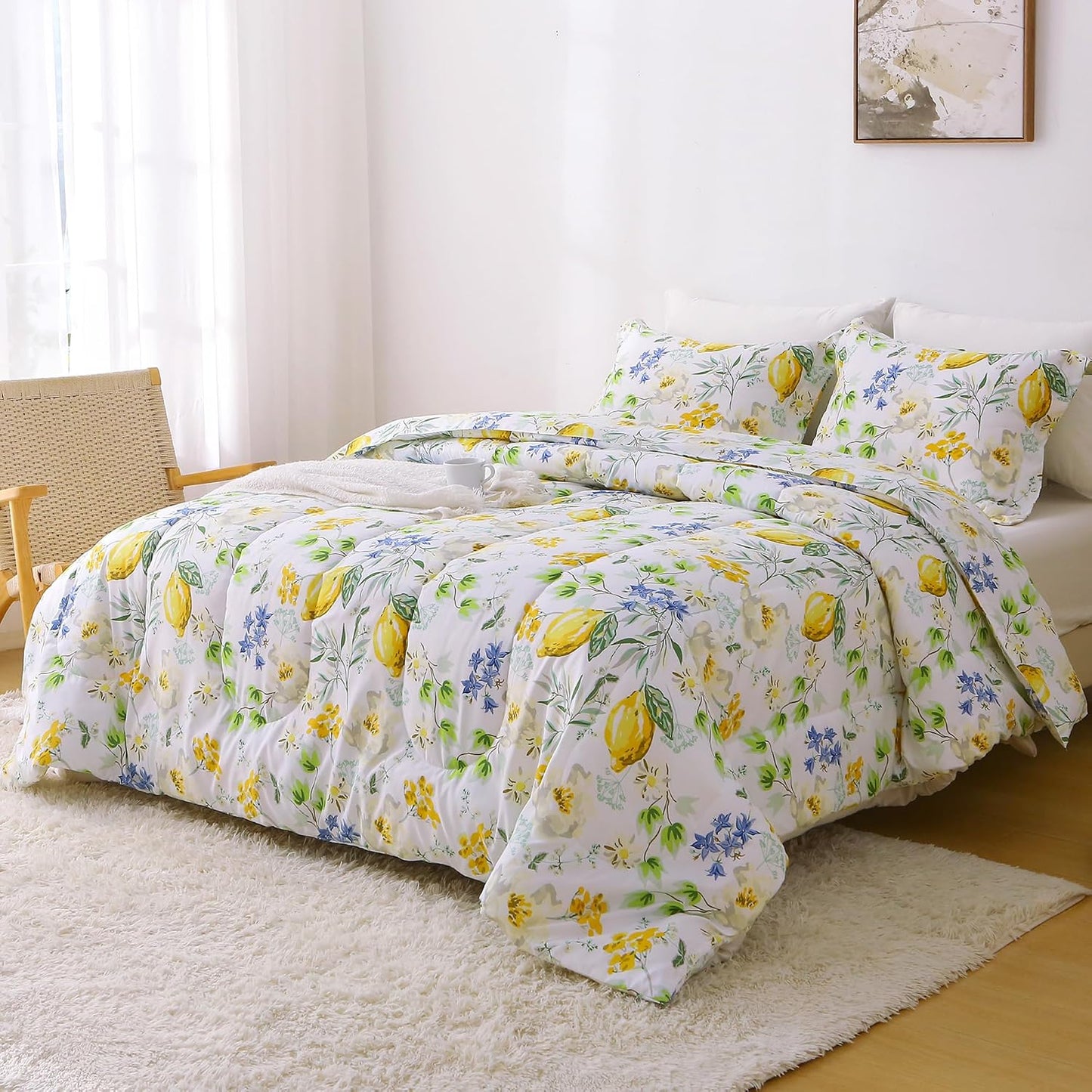Floral King Size Comforter Sets, Lemon Blossoms Patterned Bed in a Bag for All Seasons, 3-Piece Farmhouse Rustic Bedding Set with Fluffy Quilted Reversible Comforter & 2 Pillow Shams