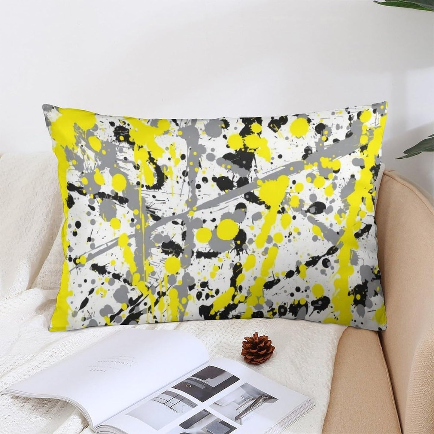 Black Grey and Yellow Ink Splatter Fashionable and Lightweight Ultra Soft Long Polyester Pillow Cover 12 "x20