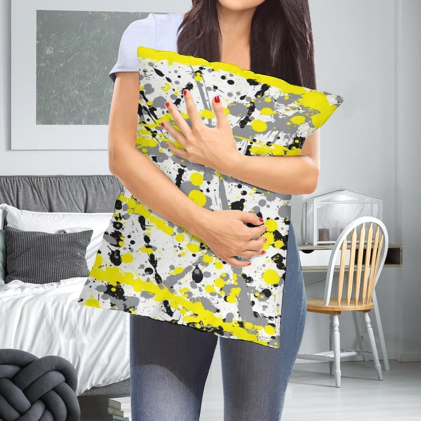 Black Grey and Yellow Ink Splatter Fashionable and Lightweight Ultra Soft Long Polyester Pillow Cover 12 "x20