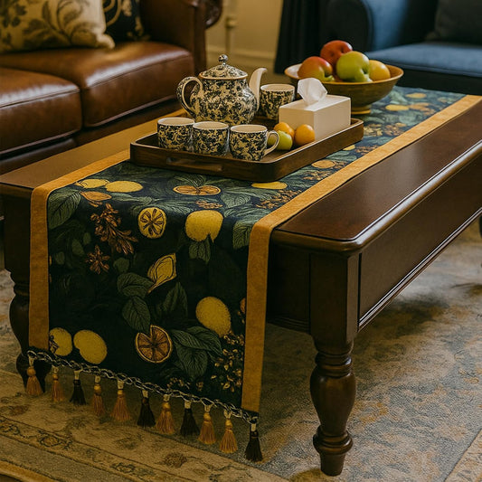 Vintage Lemon 14x83 Inch Table Runner,Blue and Gold Table Runners with Green Frond,Ideal for Kitchen Dining Table Home Party Decor Holiday Decoration (Yellow Lemon)