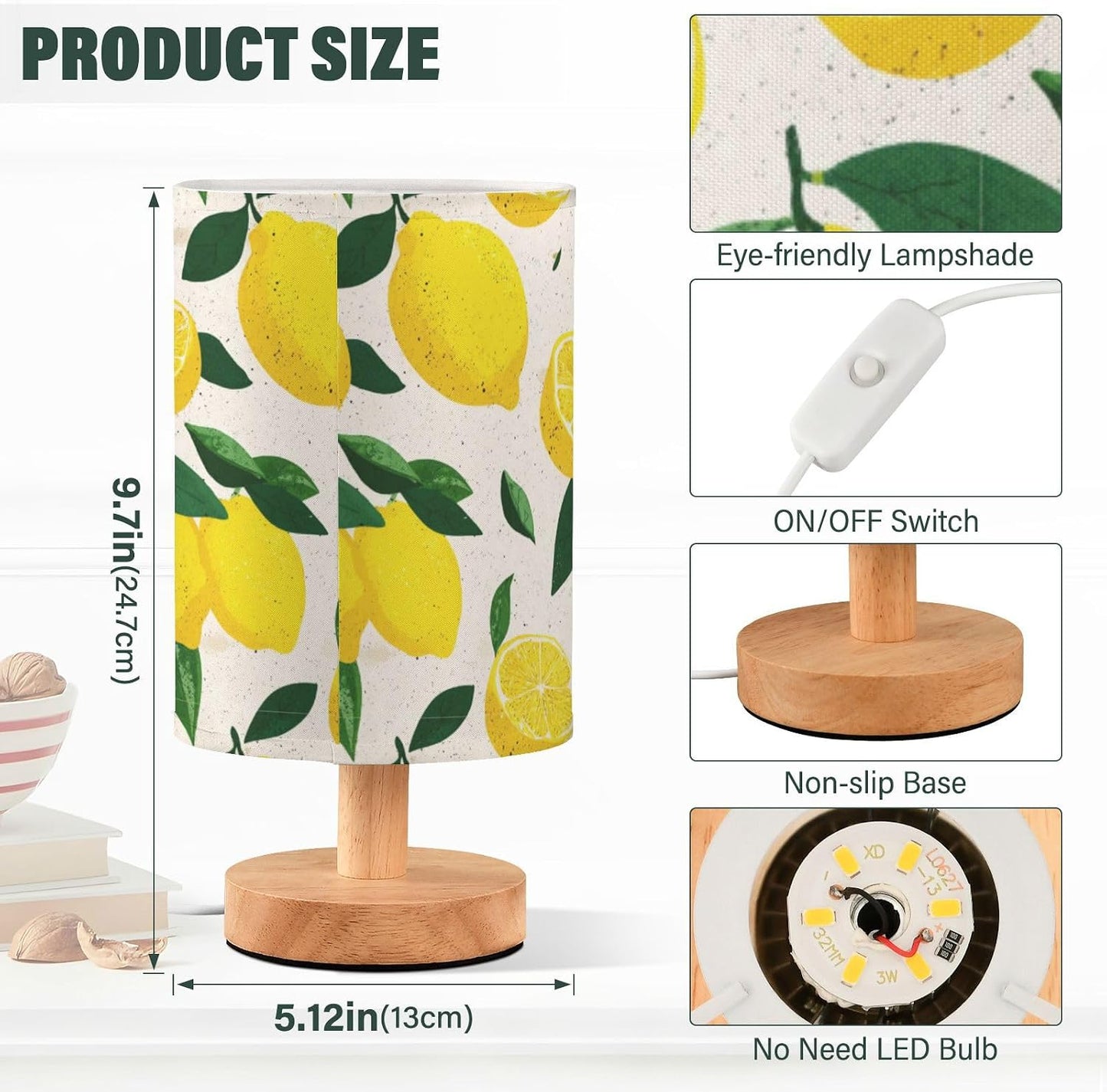 Bedside Table Lamp Lemon Yellow Citrus Fruits (78) Kids Nightstand Lamp Night Light Fabric Shade for Bedroom Living Room Home Office