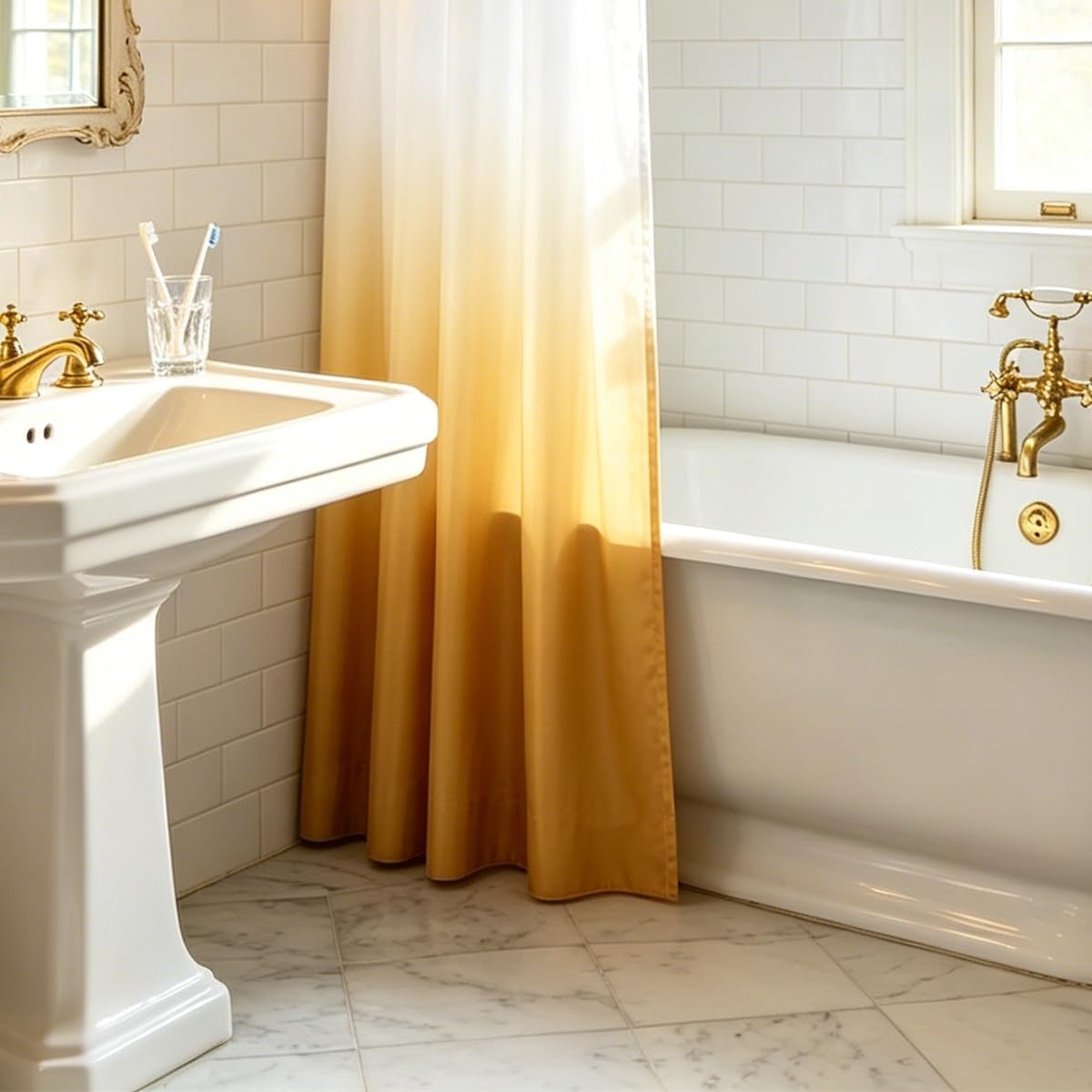 Ombre Yellow and White Shower Curtain Liner,Waterproof Fabric Shower Curtain with 3 Weighted Magnets, Odorless Cloth Lightweight Bathroom Curtain,Sturdy Rustproof Grommets,72 x 72
