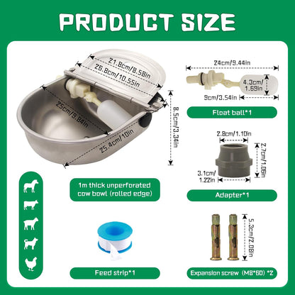 Automatic Dog Water Feeder 3L Stainless Steel Bowl for Chicken Cattle Sheep | With Float Valve auto fill water Wall Mounted Livestock Waterer rust proof Keep Water Fresh Easy to Clean & install for Goat