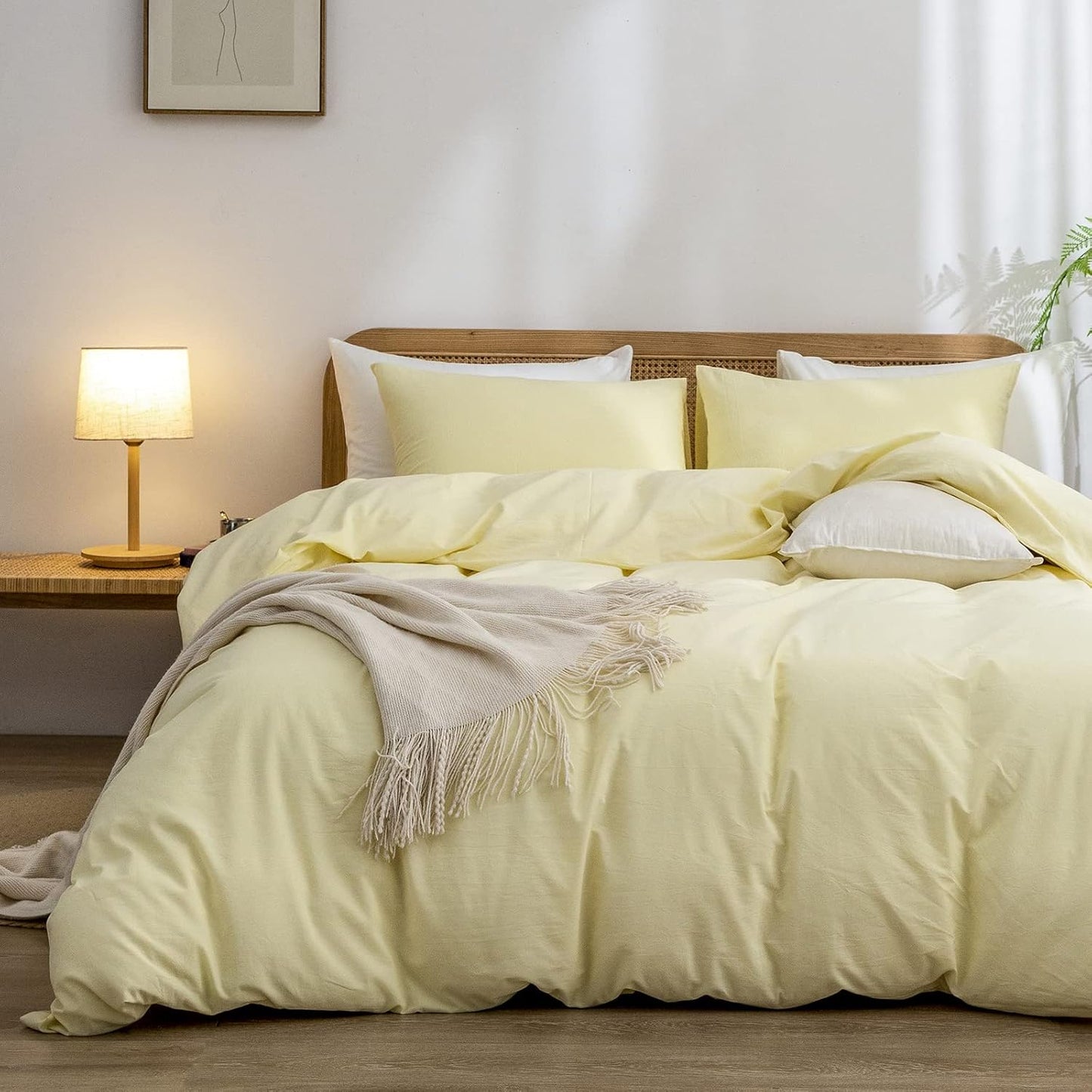 Cotton Solid Duvet Cover Set Linen Feel Light Yellow Twin | Washed Cotton, Linen Feel, Soft Wrinkle Texture, Hidden Zipper, 8 Ties, Breathable Lightweight Durable Comfy, 2Pcs No Insert