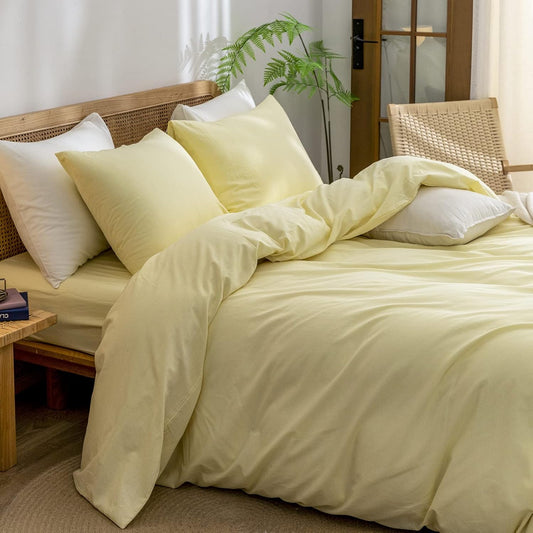 Cotton Solid Duvet Cover Set Linen Feel Light Yellow Twin | Washed Cotton, Linen Feel, Soft Wrinkle Texture, Hidden Zipper, 8 Ties, Breathable Lightweight Durable Comfy, 2Pcs No Insert