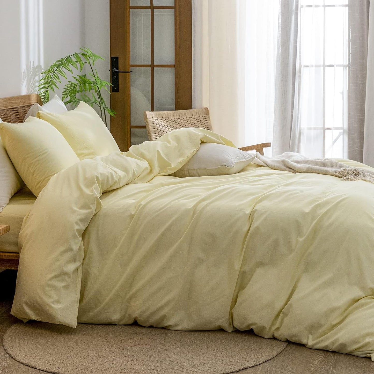 Cotton Solid Duvet Cover Set Linen Feel Light Yellow Twin | Washed Cotton, Linen Feel, Soft Wrinkle Texture, Hidden Zipper, 8 Ties, Breathable Lightweight Durable Comfy, 2Pcs No Insert