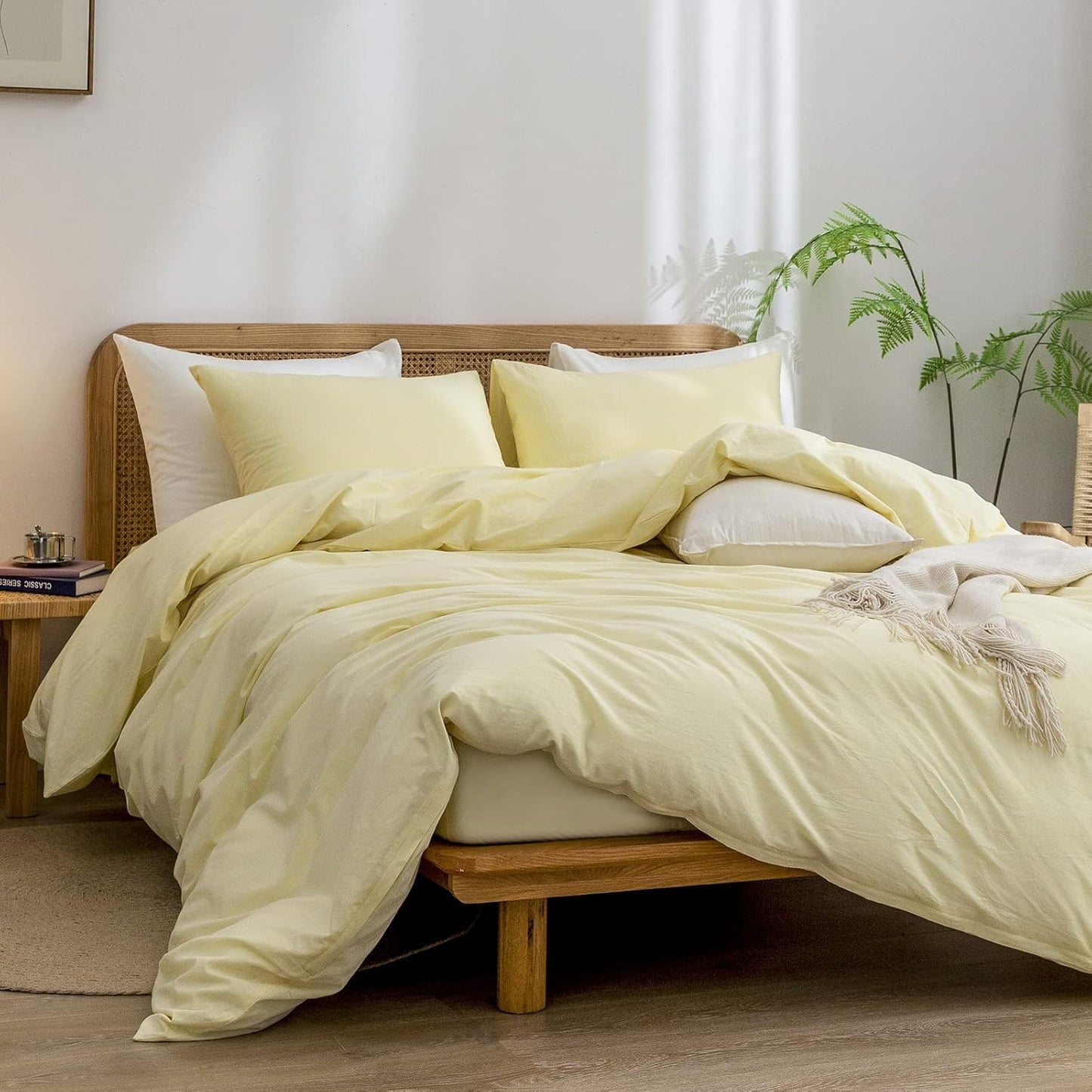 Cotton Solid Duvet Cover Set Linen Feel Light Yellow Twin | Washed Cotton, Linen Feel, Soft Wrinkle Texture, Hidden Zipper, 8 Ties, Breathable Lightweight Durable Comfy, 2Pcs No Insert