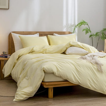 Cotton Solid Duvet Cover Set Linen Feel Light Yellow Twin | Washed Cotton, Linen Feel, Soft Wrinkle Texture, Hidden Zipper, 8 Ties, Breathable Lightweight Durable Comfy, 2Pcs No Insert