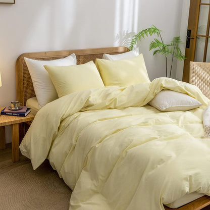 Cotton Solid Duvet Cover Set Linen Feel Light Yellow Twin | Washed Cotton, Linen Feel, Soft Wrinkle Texture, Hidden Zipper, 8 Ties, Breathable Lightweight Durable Comfy, 2Pcs No Insert