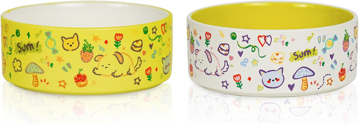 Cute Ceramic Dog & Cat Bowl Set of 2, 5.2'' Food Bowl and Water Bowl for Small Dogs and Cats, 17 oz Non-Slip Puppy Bowls for Small Pets, Yellow & White