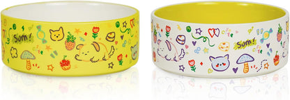 Cute Ceramic Dog & Cat Bowl Set of 2, 5.2'' Food Bowl and Water Bowl for Small Dogs and Cats, 17 oz Non-Slip Puppy Bowls for Small Pets, Yellow & White