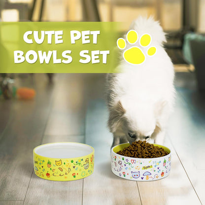 Cute Ceramic Dog & Cat Bowl Set of 2, 5.2'' Food Bowl and Water Bowl for Small Dogs and Cats, 17 oz Non-Slip Puppy Bowls for Small Pets, Yellow & White
