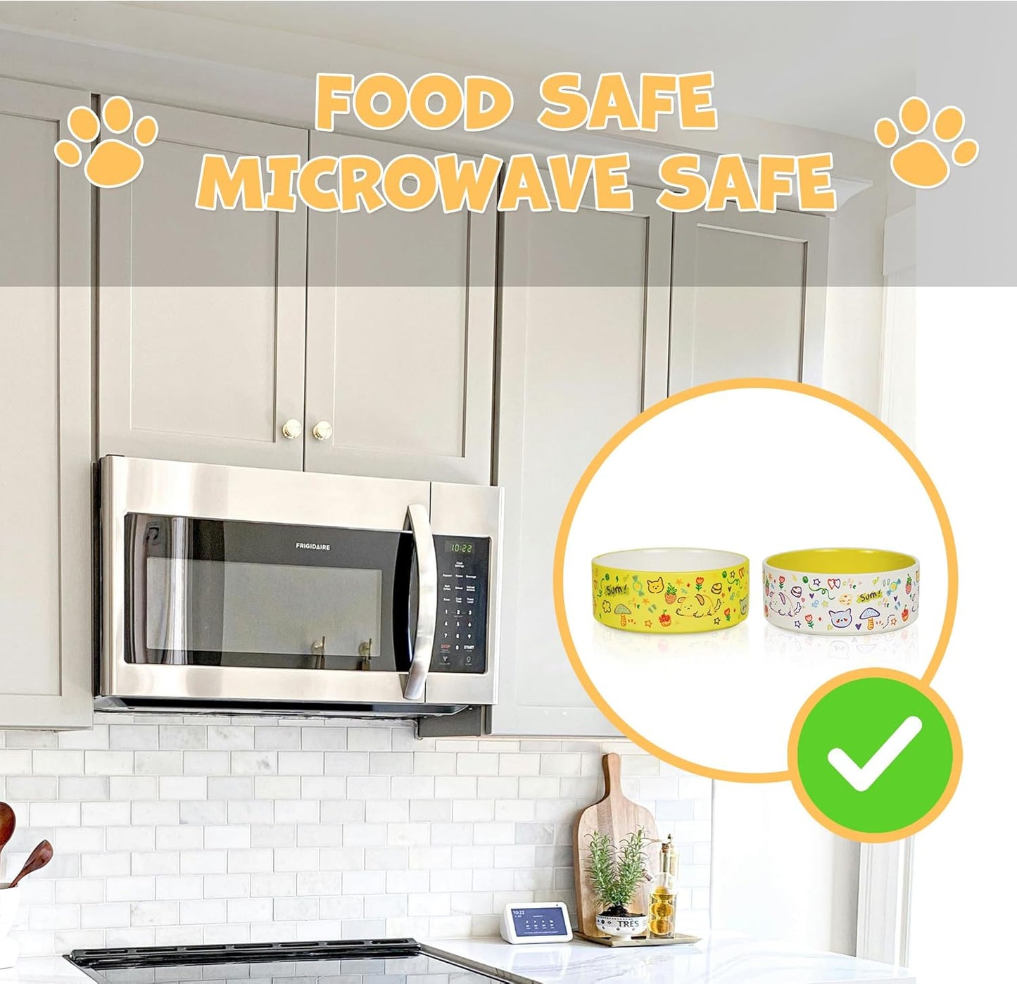 Cute Ceramic Dog & Cat Bowl Set of 2, 5.2'' Food Bowl and Water Bowl for Small Dogs and Cats, 17 oz Non-Slip Puppy Bowls for Small Pets, Yellow & White