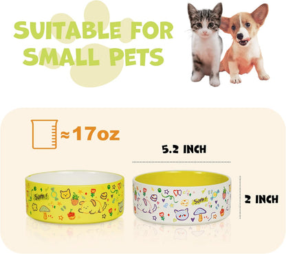 Cute Ceramic Dog & Cat Bowl Set of 2, 5.2'' Food Bowl and Water Bowl for Small Dogs and Cats, 17 oz Non-Slip Puppy Bowls for Small Pets, Yellow & White