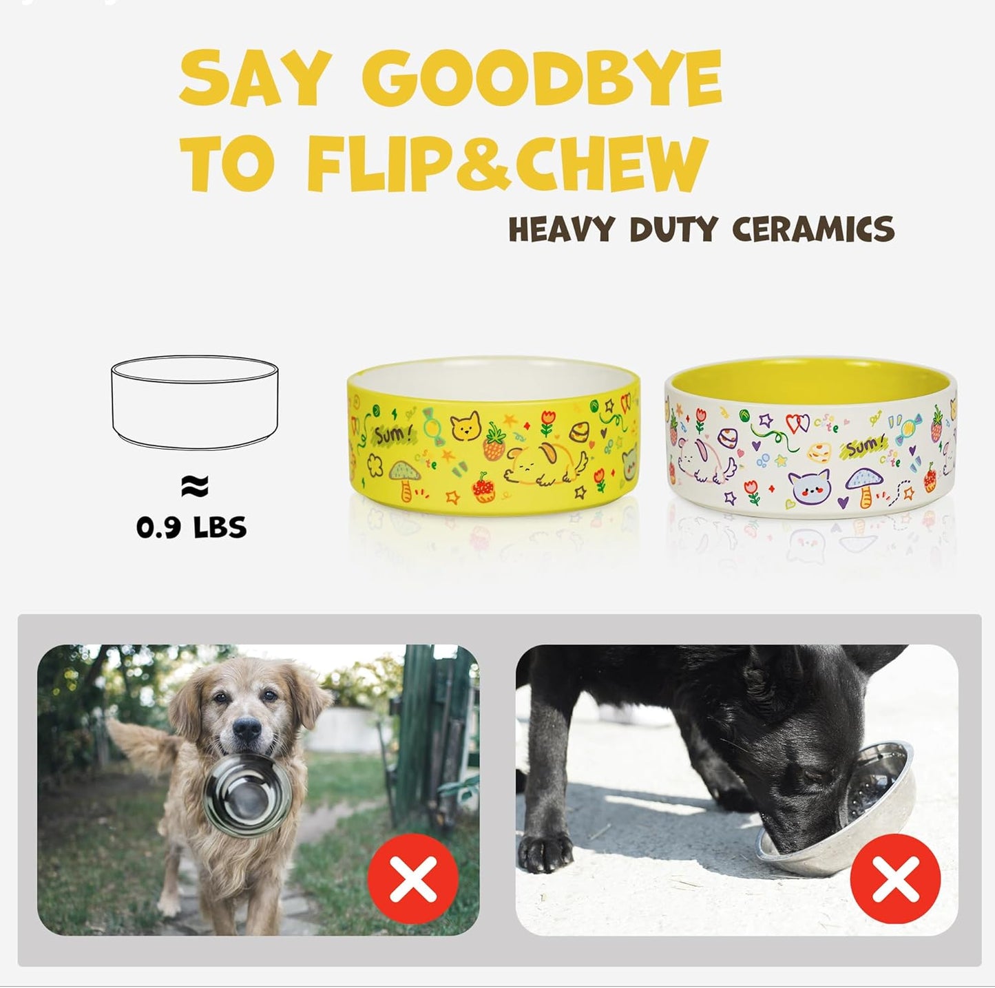Cute Ceramic Dog & Cat Bowl Set of 2, 5.2'' Food Bowl and Water Bowl for Small Dogs and Cats, 17 oz Non-Slip Puppy Bowls for Small Pets, Yellow & White