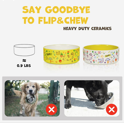 Cute Ceramic Dog & Cat Bowl Set of 2, 5.2'' Food Bowl and Water Bowl for Small Dogs and Cats, 17 oz Non-Slip Puppy Bowls for Small Pets, Yellow & White
