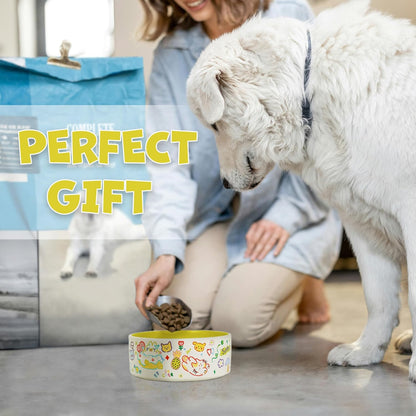 Cute Ceramic Dog & Cat Bowl Set of 2, 5.2'' Food Bowl and Water Bowl for Small Dogs and Cats, 17 oz Non-Slip Puppy Bowls for Small Pets, Yellow & White