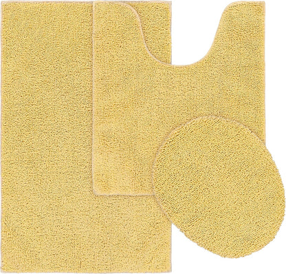 Queen Cotton Soft Yellow 3 Piece Set (Toilet Cover, Contour Rug, Bath Rug) Ultra Soft, Plush, Highly Absorbent, Machine Washable Shower & Bathroom Floor Towel, Non-Slip, Quick-Dry