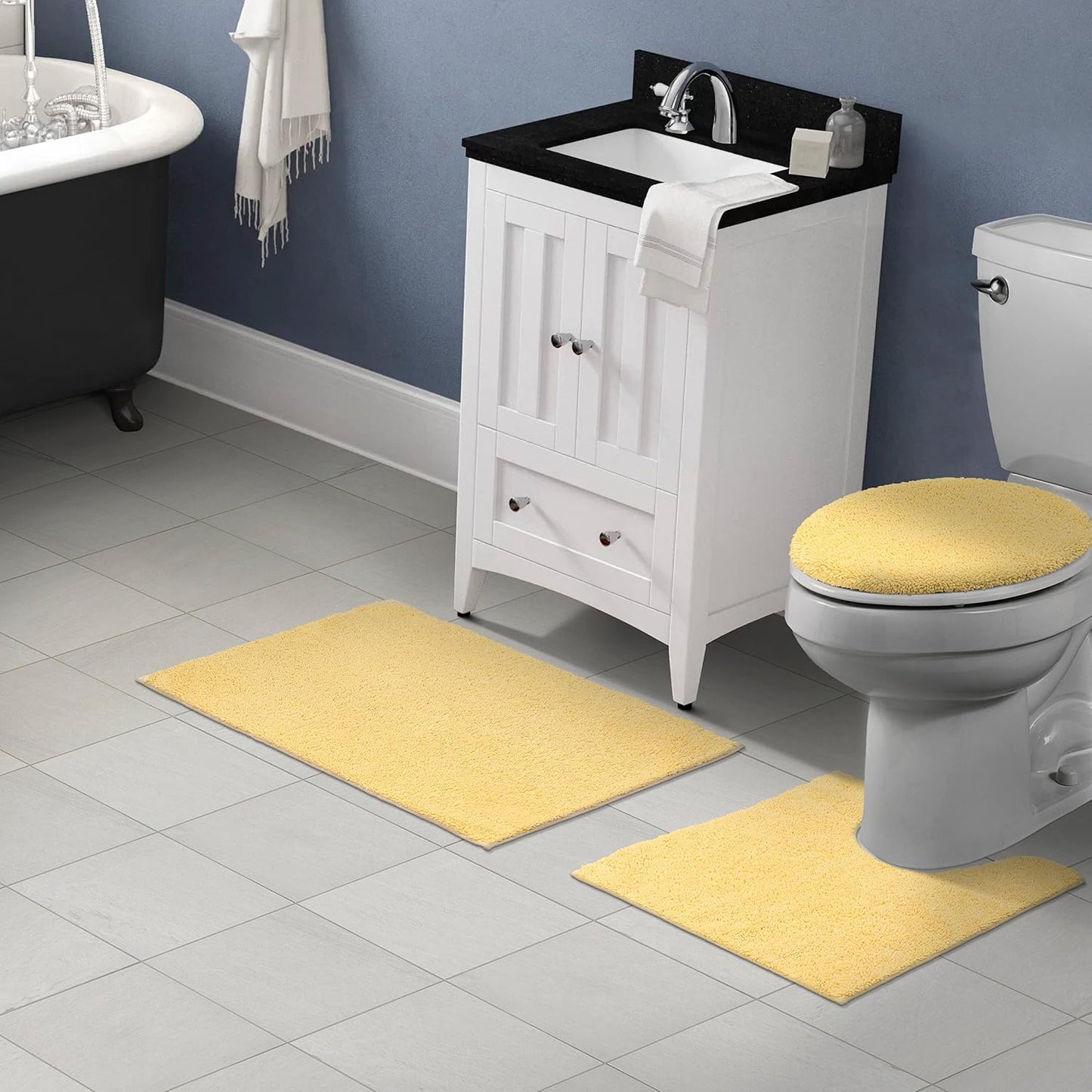 Queen Cotton Soft Yellow 3 Piece Set (Toilet Cover, Contour Rug, Bath Rug) Ultra Soft, Plush, Highly Absorbent, Machine Washable Shower & Bathroom Floor Towel, Non-Slip, Quick-Dry