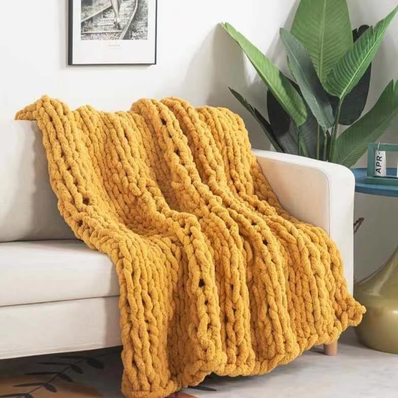 Soft Chunky Knit Throw Blanket for Couch, Cozy Warm Knitted Blankets | Hand Knit with Jumbo Chenille, Lightweight Warm Fluffy Decor for Women, Mom, Her & Girls, Sofa, Chair, Bed, 40"×40" (Yellow)