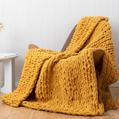 Soft Chunky Knit Throw Blanket for Couch, Cozy Warm Knitted Blankets | Hand Knit with Jumbo Chenille, Lightweight Warm Fluffy Decor for Women, Mom, Her & Girls, Sofa, Chair, Bed, 40"×40" (Yellow)