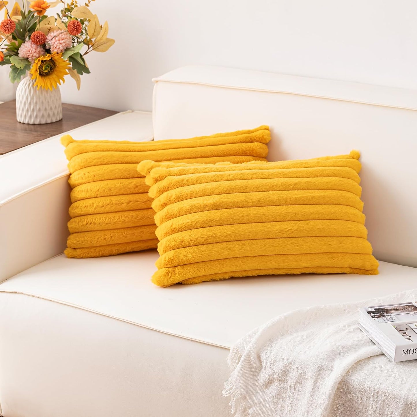 Pack of 2 Faux Fur Christmas Throw Pillow Covers 12x20 Inch, Yellow | Fall Plush Striped Couch Pillow Cover, with Velvet Back Modern Home Decorative Throw Pillow for Sofa Living Room Couch Bed