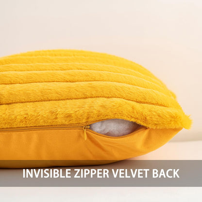Pack of 2 Faux Fur Christmas Throw Pillow Covers 12x20 Inch, Yellow | Fall Plush Striped Couch Pillow Cover, with Velvet Back Modern Home Decorative Throw Pillow for Sofa Living Room Couch Bed