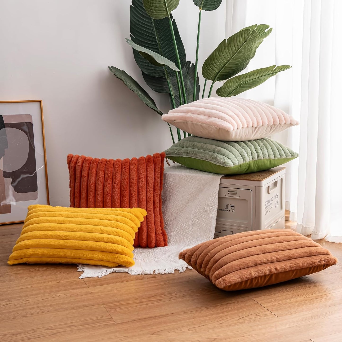Pack of 2 Faux Fur Christmas Throw Pillow Covers 12x20 Inch, Yellow | Fall Plush Striped Couch Pillow Cover, with Velvet Back Modern Home Decorative Throw Pillow for Sofa Living Room Couch Bed