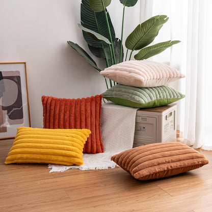 Pack of 2 Faux Fur Christmas Throw Pillow Covers 12x20 Inch, Yellow | Fall Plush Striped Couch Pillow Cover, with Velvet Back Modern Home Decorative Throw Pillow for Sofa Living Room Couch Bed