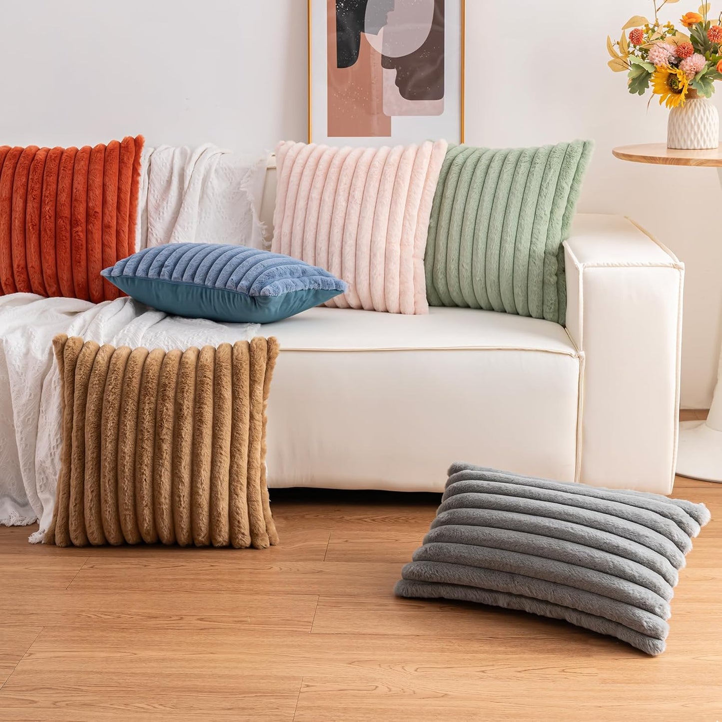 Pack of 2 Faux Fur Christmas Throw Pillow Covers 12x20 Inch, Yellow | Fall Plush Striped Couch Pillow Cover, with Velvet Back Modern Home Decorative Throw Pillow for Sofa Living Room Couch Bed