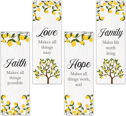 4 Pcs Lemon Wall Decor Wooden Sign, Summer Kitchen Decor, Faith Love Hope Family Bedroom Decor, Religious Wall Decor, Inspirational Wall Art For Bedroom Bathroom Home Farmhouse Decorations, A11
