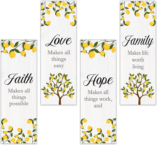 4 Pcs Lemon Wall Decor Wooden Sign, Summer Kitchen Decor, Faith Love Hope Family Bedroom Decor, Religious Wall Decor, Inspirational Wall Art For Bedroom Bathroom Home Farmhouse Decorations, A11