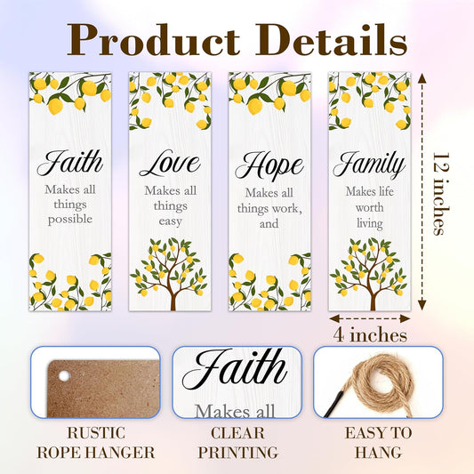 4 Pcs Lemon Wall Decor Wooden Sign, Summer Kitchen Decor, Faith Love Hope Family Bedroom Decor, Religious Wall Decor, Inspirational Wall Art For Bedroom Bathroom Home Farmhouse Decorations, A11