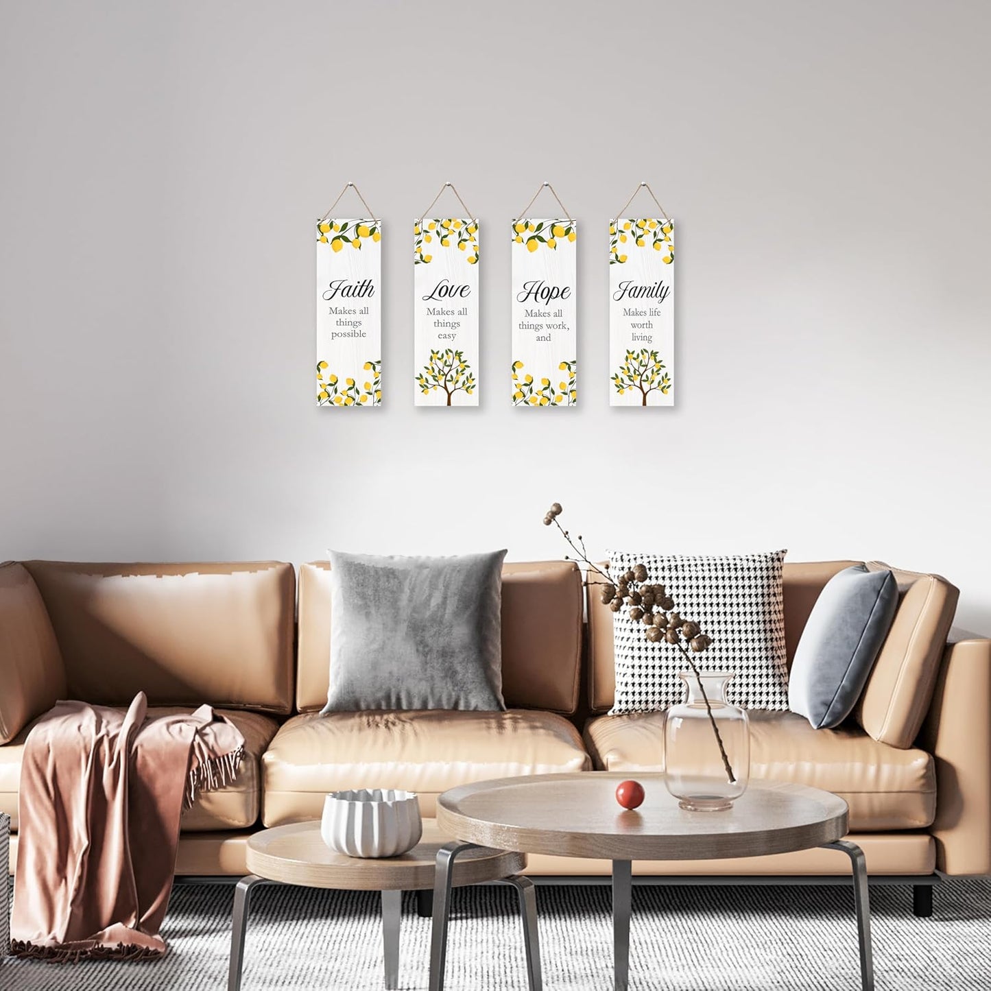 4 Pcs Lemon Wall Decor Wooden Sign, Summer Kitchen Decor, Faith Love Hope Family Bedroom Decor, Religious Wall Decor, Inspirational Wall Art For Bedroom Bathroom Home Farmhouse Decorations, A11