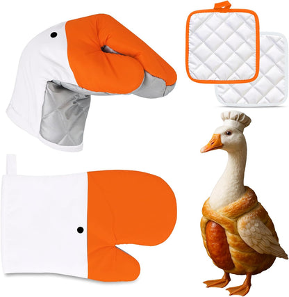 Goose Oven Mitts and Pot Holders 4 pcs Set, Heat Resistant Kitchen Gloves, Funny Novelty Animal Oven Mitts, Recycled Cotton Infill Silicone Non-Slip Gloves for Cooking Baking Grilling, Gift (Yellow)