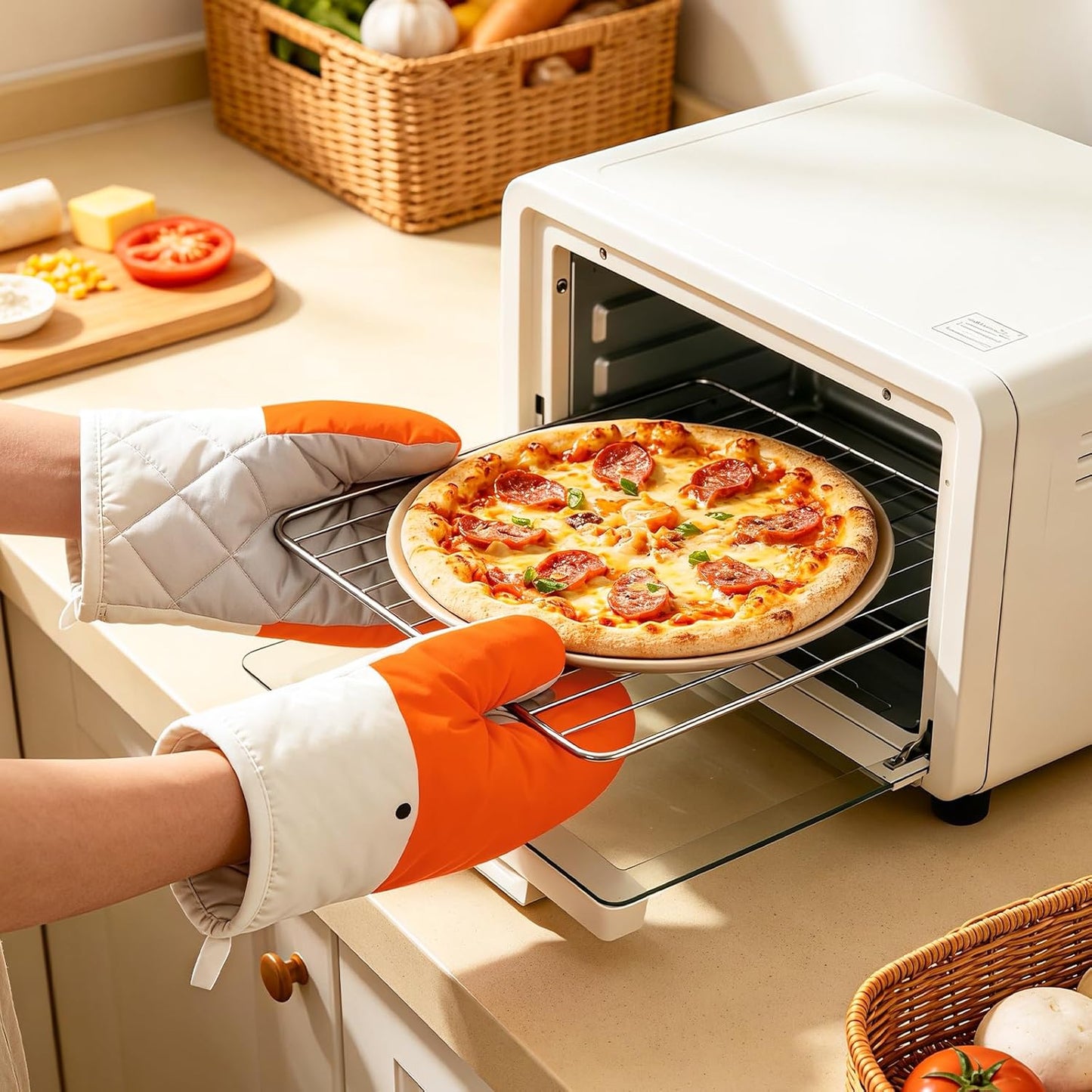 Goose Oven Mitts and Pot Holders 4 pcs Set, Heat Resistant Kitchen Gloves, Funny Novelty Animal Oven Mitts, Recycled Cotton Infill Silicone Non-Slip Gloves for Cooking Baking Grilling, Gift (Yellow)