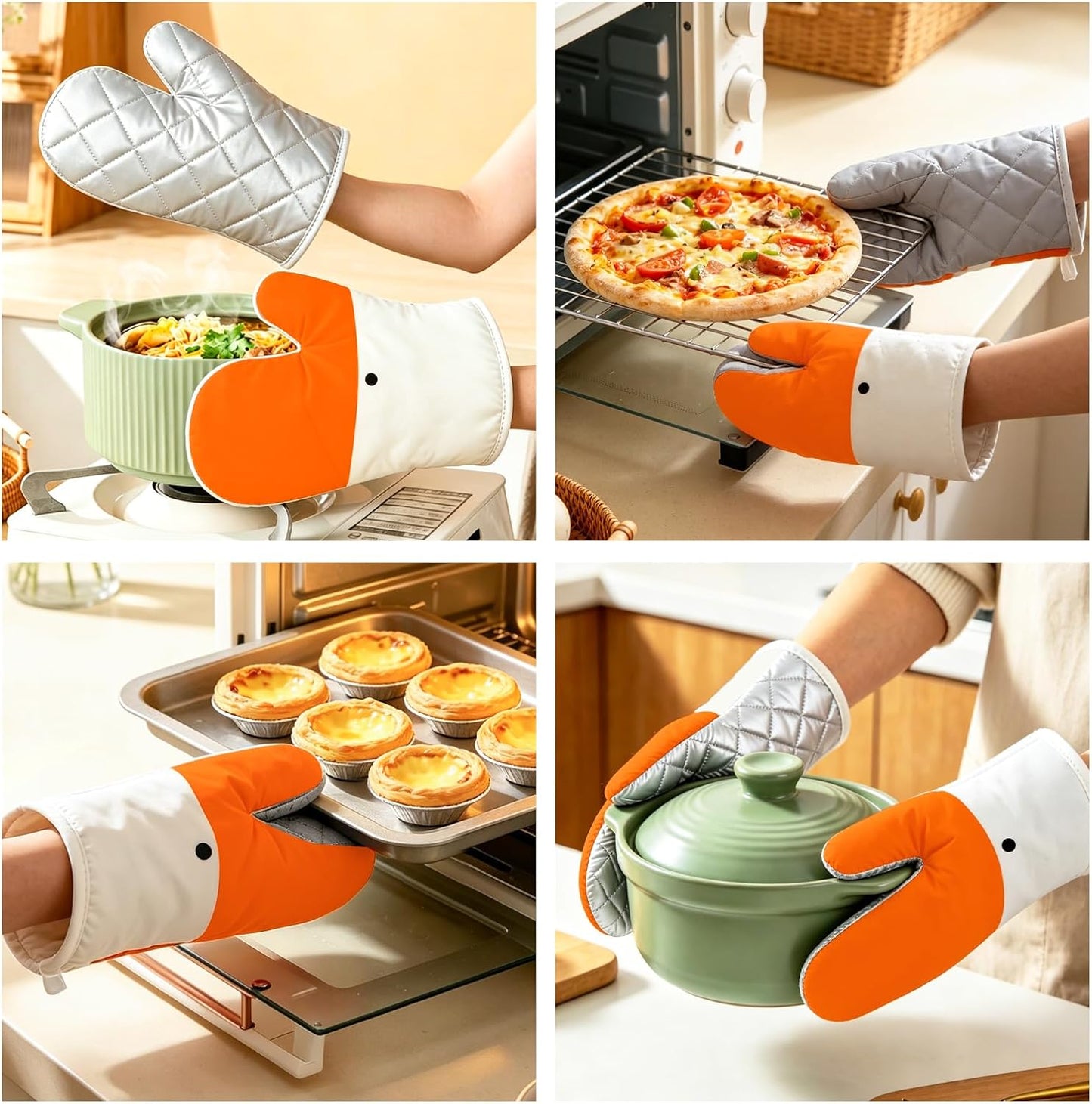 Goose Oven Mitts and Pot Holders 4 pcs Set, Heat Resistant Kitchen Gloves, Funny Novelty Animal Oven Mitts, Recycled Cotton Infill Silicone Non-Slip Gloves for Cooking Baking Grilling, Gift (Yellow)