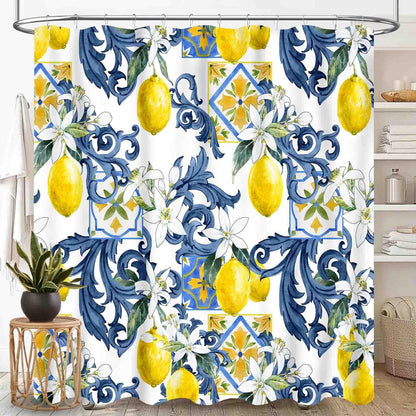 Yellow Lemon Shower Curtain for Bathroom, Vintage Retro Spring Summer Fruit Blue Tiles White Floral Pattern Printed Seasonal Rustic Waterproof Fabric Shower Curtain Set with Hooks, 72"x72" Inch