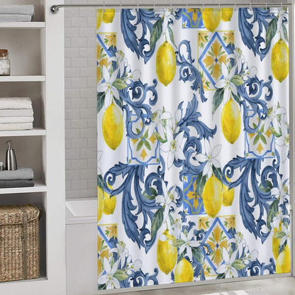 Yellow Lemon Shower Curtain for Bathroom, Vintage Retro Spring Summer Fruit Blue Tiles White Floral Pattern Printed Seasonal Rustic Waterproof Fabric Shower Curtain Set with Hooks, 72"x72" Inch