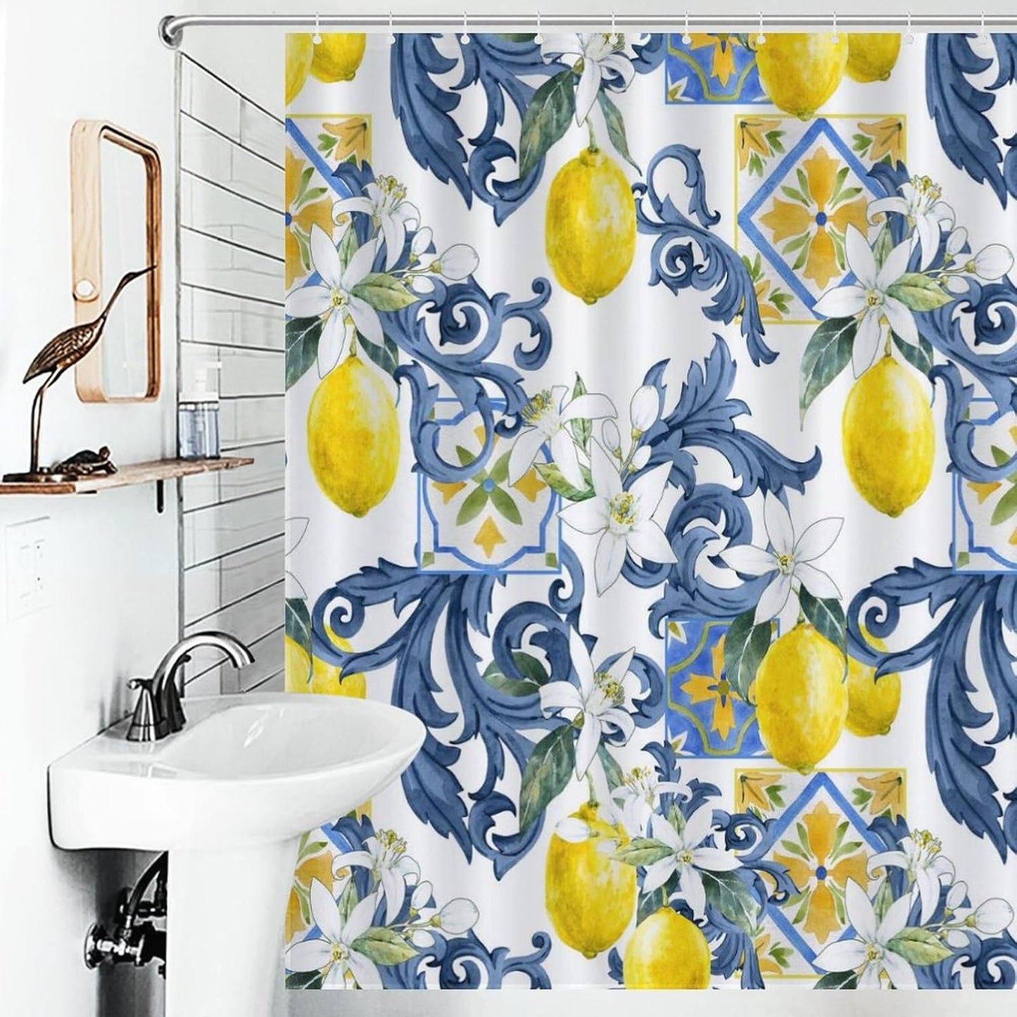 Yellow Lemon Shower Curtain for Bathroom, Vintage Retro Spring Summer Fruit Blue Tiles White Floral Pattern Printed Seasonal Rustic Waterproof Fabric Shower Curtain Set with Hooks, 72"x72" Inch