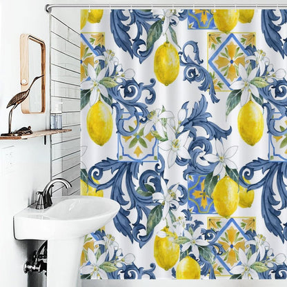 Yellow Lemon Shower Curtain for Bathroom, Vintage Retro Spring Summer Fruit Blue Tiles White Floral Pattern Printed Seasonal Rustic Waterproof Fabric Shower Curtain Set with Hooks, 72"x72" Inch