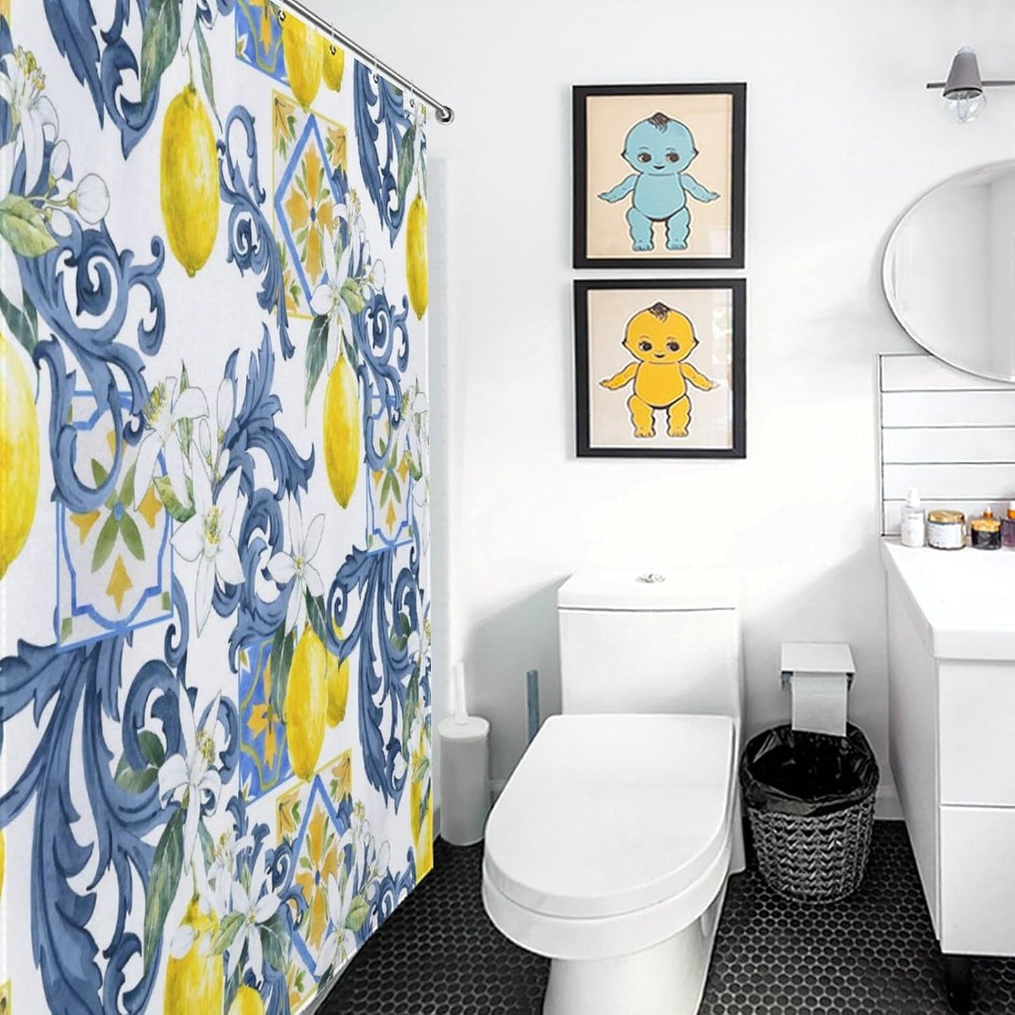 Yellow Lemon Shower Curtain for Bathroom, Vintage Retro Spring Summer Fruit Blue Tiles White Floral Pattern Printed Seasonal Rustic Waterproof Fabric Shower Curtain Set with Hooks, 72"x72" Inch