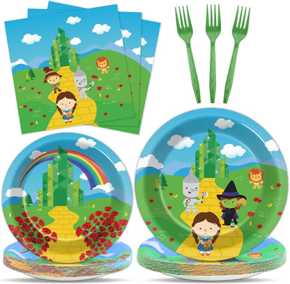 96PCS Emerald Green Castle Birthday Party Supplies Cartoon Plates and Napkins Paper Tableware Yellow Brick Decorations Favors for Birthday Holiday Wizard Party, Serve 24