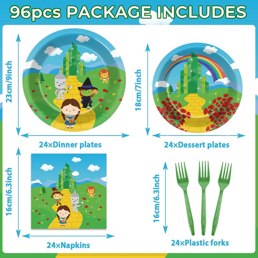 96PCS Emerald Green Castle Birthday Party Supplies Cartoon Plates and Napkins Paper Tableware Yellow Brick Decorations Favors for Birthday Holiday Wizard Party, Serve 24