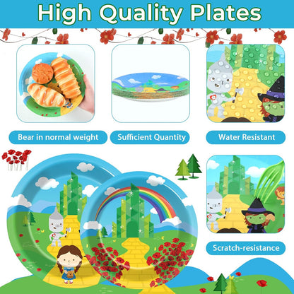 96PCS Emerald Green Castle Birthday Party Supplies Cartoon Plates and Napkins Paper Tableware Yellow Brick Decorations Favors for Birthday Holiday Wizard Party, Serve 24