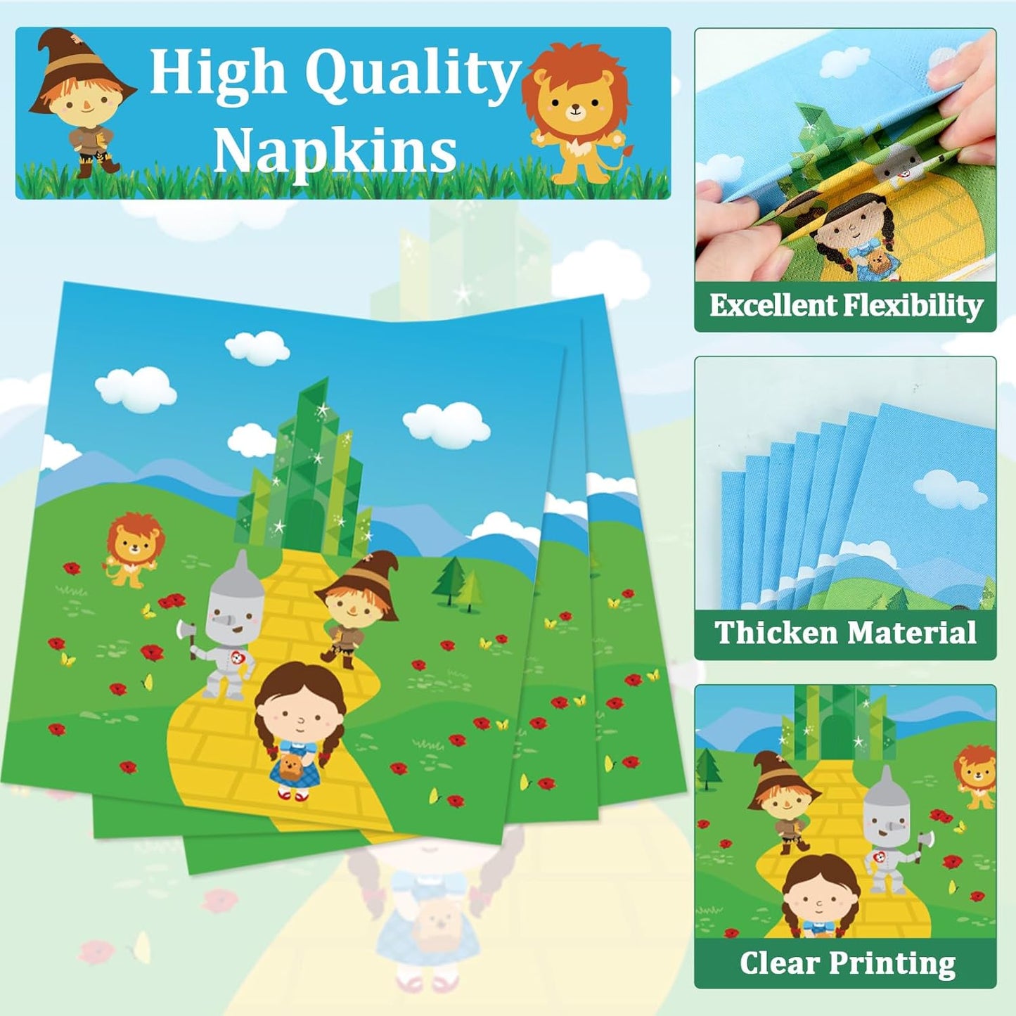 96PCS Emerald Green Castle Birthday Party Supplies Cartoon Plates and Napkins Paper Tableware Yellow Brick Decorations Favors for Birthday Holiday Wizard Party, Serve 24